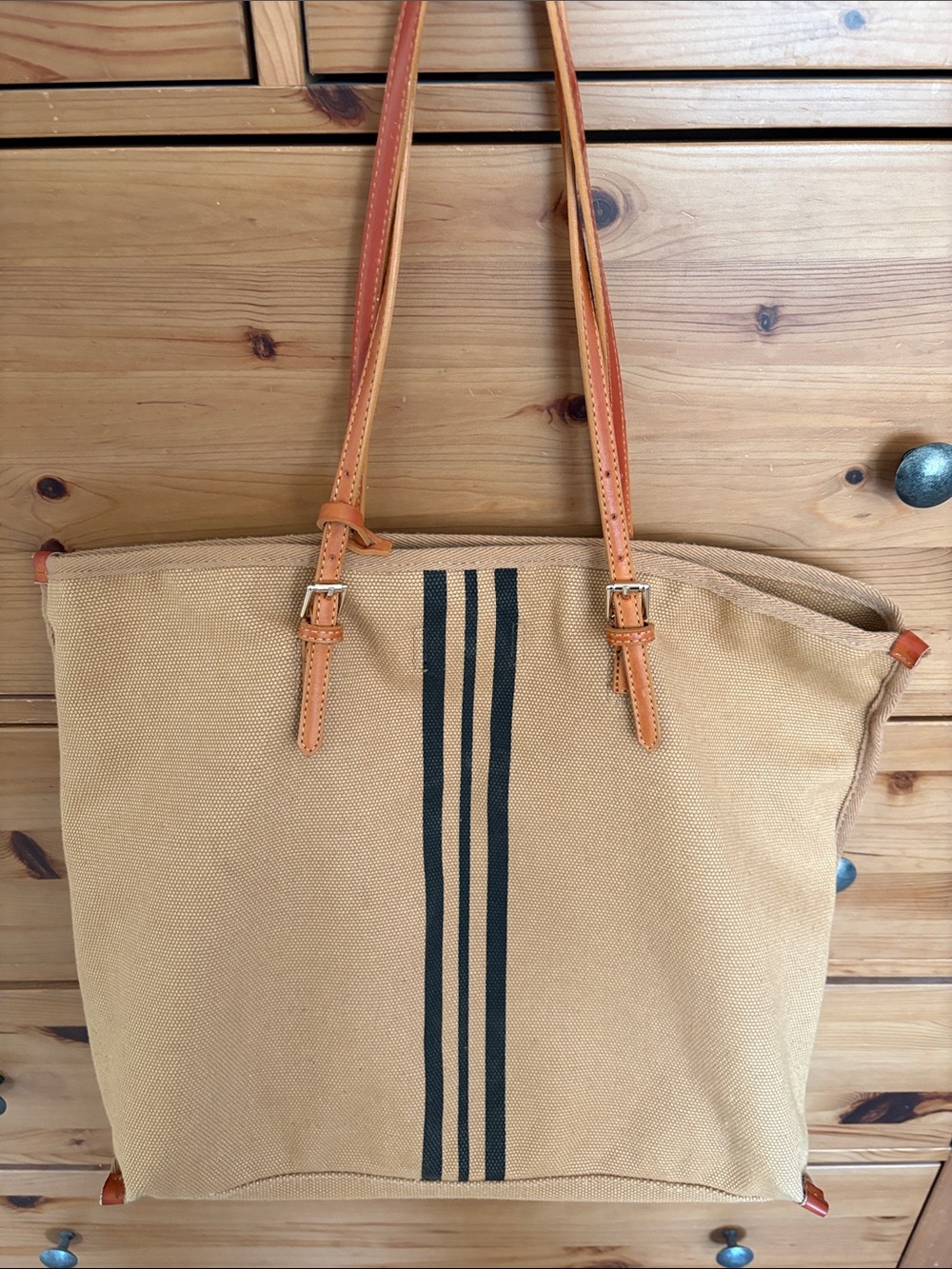 Canvas Tote Bag with Tan Leather Straps and Black Stripe